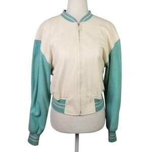 Vintage 90s Nancy Heller Cream and Turquoise Leather Bomber Jacket 2